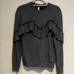 Elan Ruffled Heather Gray Blue Top Blouse Sweatshirt